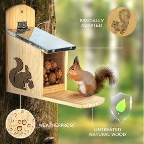 Kŕmidlo pre veveričky, plechová strecha, borovicové drevo, neošetrené