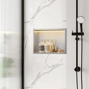 Rea Vstavaná kúpeľňová polica s LED osvetlením 45x30 cm, brúsená oceľ