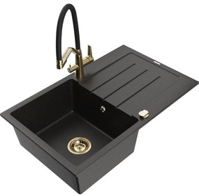 Mexen Bruno, 1-komorový granitový drez 795x495x200 mm a drezová batéria Duo, čierna-zlatá metalíza, 6513-75-671701-57-G