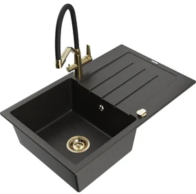 Mexen Bruno, 1-komorový granitový drez 795x495x200 mm a drezová batéria Duo, čierna-zlatá metalíza, 6513-75-671701-57-G
