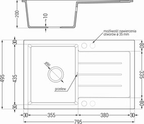 Mexen Bruno, granitový drez 795x495x200 mm, 1-komorový, čierna, 6513791010-77