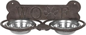 Misky pre psa v stojane s kosťou a nápisom Woof - 39*18*12 cm