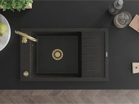 Mexen Elias, granitový drez granitový 795x480x200 mm, 1-komorový, čierna-zlatá metalíza so zlatým sifónom, 6511791005-75-G