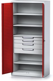 Alfa 3 Dielenská skriňa MECHANIC, 1950x920x500 mm, 4 police, 4 zásuvky, červené dvere