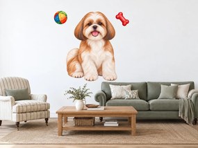 Shih-tzu s loptičkou a kosťou akvarelové textilné nálepky na stenu pre milovníkov shih-tzu arch 32 x 46 cm
