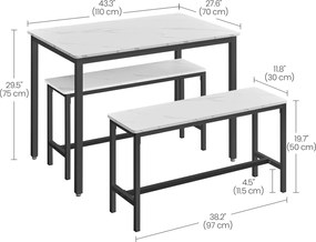 Jedálenský stôl pre 4 osoby, kuchynský stôl s 2 lavicami, 109,6 x 67,6 x 73,5 cm, mramorovo biely
