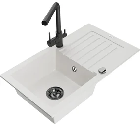 Mexen Pablo, granitový drez 752x436x161 mm, 1-komorový a čierna batéria Duero, biela, 6510-20-671600-70