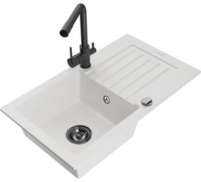 Mexen Pablo, granitový drez 752x436x161 mm, 1-komorový a čierna batéria Duero, biela, 6510-20-671600-70