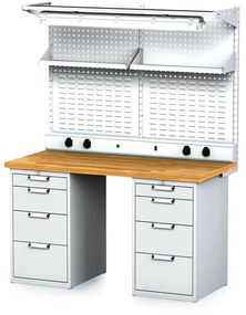 Alfa 3 Dielenský stôl MECHANIC I + 2x závesný box, nadstavba, polica, el. zásuvky a osvetlenie, 8 zásuviek, 1500x685x880 mm, sivé dvere