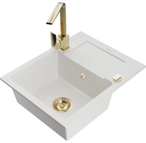 Mexen Enzo, granitový drez 576x465x174 mm, 1-komorový a zlatá batéria Rita, biela, 6506-20-670300-50