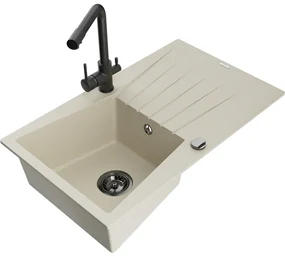 Mexen Cesar, granitový drez 775x470x190 mm, 1-komorový a čierna batéria Duero, béžová, 6514-69-671600-70