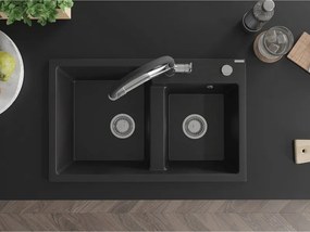 Mexen Tomas, žulový drez 2-komorový s kuchynskou batériou Duo, 800x500mm, čierny - 6516-77-671701-07