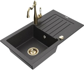 Mexen Pablo, granitový drez 752x436x161 mm, 1-komorový a drezová batéria Carla, čierna škvrnitá, 6510-76-670700-50