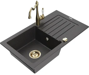 Mexen Pablo, granitový drez 752x436x161 mm, 1-komorový a drezová batéria Carla, čierna škvrnitá, 6510-76-670700-50
