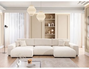 Krémová menčestrová rozkladacia/s úložným priestorom rohová pohovka (do tvaru "U") Sarina – Ropez