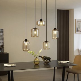 Moderné závesné svietidlo čierne s jantárovým sklom 5-svetiel - Sheena