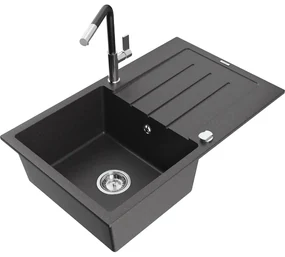Mexen Bruno, 1-komorový granitový drez 795x495x200 mm a drezová batéria Flora, čierna škvrnitá, 6513-76-670401-07