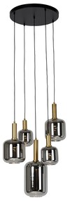 Závesná lampa čierna so zlatom a dymovým sklom vrátane 5 PUCC - Zuzanna