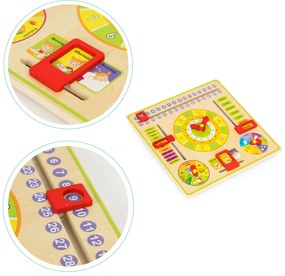 Drevená edukatívna manipulačná tabuľa, kalendár s hodinami, ECOTOYS