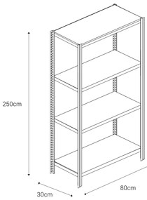 Bezskrutkový kovový regál 250x80x30cm T profil, 4 police