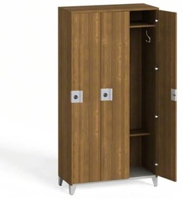 Drevená šatníková skrinka na nohách, 3 dvere, 1750 x 900 x 400 mm, demont, otočný zámok, orech