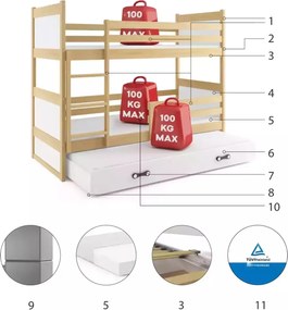 Poschodová posteľ s prístelkou RICO 3 200x90 Borovica - Biela