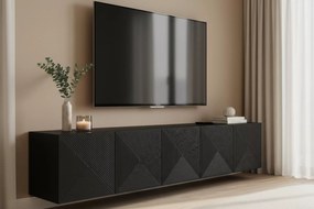 Závesná TV skrinka Asha 200 cm s ryhovaným čelom - čierny mat