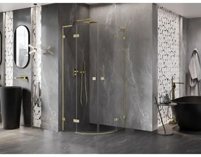 Mexen Lunar, L polkruhový výklopný sprchový kút 90 x 90 cm, 8mm číre sklo, zlatý matný profil, 833L-090L-090P-55-00