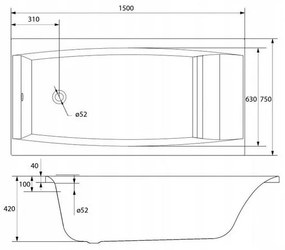 Cersanit Virgo akrylátová vaňa 150x75cm + nožičky, biela, S301-048