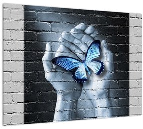 Sklenený obraz - Motýľ na stene (70x50 cm)