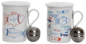 Hrnček na čaj s poklopom a sitkom, motív "rybičky", porcelán 10,5x8x11cm, 2 varianty