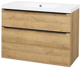 Mereo, Mereo Mailo, kúpeľňová skrinka s umývadlom z liateho mramoru 101 cm, dub Riviera, čierne madlo, MER-CN522MB
