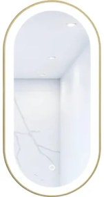 Oválne LED zrkadlo do kúpeľne s osvetlením Oval 100 x 50 cm v zlatom ráme s vypínačom a podložkou proti zahmlievaniu