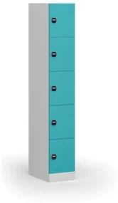 Šatníková skrinka s úložnými boxmi, 5 boxov, 1850 x 300 x 500 mm, zámok s čítačkou RFID kariet, zelené dvere