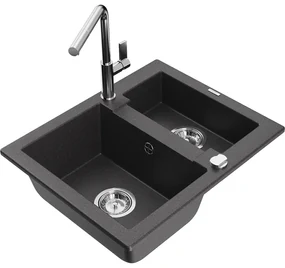 Mexen Carlos, 1,5-komorový granitový drez 582x475x177 mm a drezová batéria Flora, čierna škvrnitá, 6518-76-670401-00