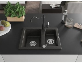 Mexen Carlos, granitový drez 582x475x177 mm, 1,5-komorový a drezová batéria Carla, čierna-zlatá metalíza, 6518-75-670700-70