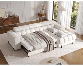 Krémovobiela rozkladacia/s úložným priestorom rohová pohovka z textílie buklé (pravý roh/s leňoškou) Felro – ELTAP