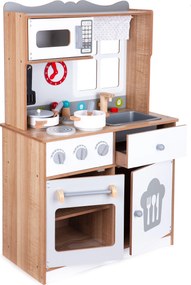 Veľká drevená kuchynka ECOTOYS pre deti s 16 doplnkami, rúra a mikrovlnka
