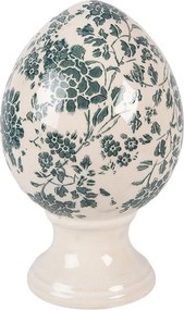 Béžové keramické vajíčko na podstavci so zelenými kvetmi M - Ø 12*19 cm