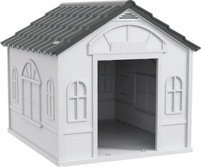 PawHut Psia búda Exteriérová 84,2x98,2x82 cm so vzorom okna a imitovanou dlaždicovou strechou pre veľkých psov Šedá a biela | Aosom