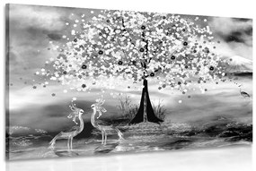 Obraz volavky pod magickým stromom v čiernobielom prevedení - 60x40