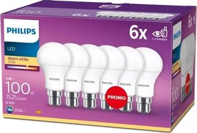 SADA 6x LED žiarovka Philips A60 B22/13W/230V 2700K
