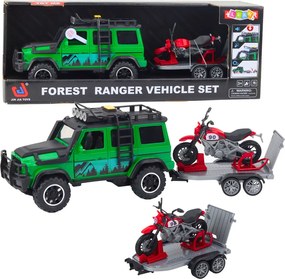LEAN Toys Sada terénneho vozidla s prívesom a motorkou Svetlá, zvuky Zelená