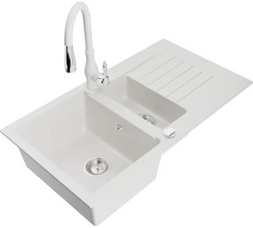Mexen Matias, 1,5-komorový granitový drez 900x505x200 mm a drezová batéria Savita, biela, 6502-20-672601-20