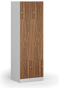 Kovová šatníková skrinka S1 Z, 4 oddiely, 1850 x 600 x 500 mm, cylindrický zámok, laminované dvere, orech