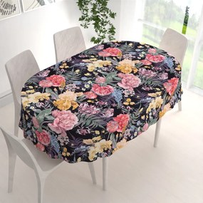 Biante Zamatový oválny obrus Tamara TMR-019 Záhradné kvety na čiernom 100x140 cm