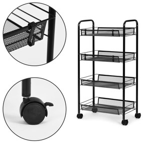 ModernHome Policový kovový organizér na kolieskach, 4 police, čierna ModernHome