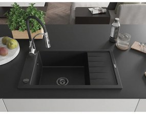 Mexen Elias, 1-komorový granitový drez 795x480x200 mm a drezová batéria Aster, čierna, 6511-77-73450-07-B