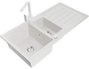 Mexen Andres, granitový drez 1000x500x200 mm, 1,5-komorový, biela s chrómovým sifónom a biela drezová batéria Rita, 6515-20-670300-20