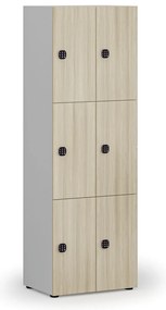 Drevená šatníková skrinka s úložnými boxmi, 6 boxov, kódový zámok, sivá/dub prírodný